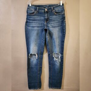 Maurices Womens Slim Tapered Leg Jeans Size 8 Blue Distressed Ripped Mid Rise